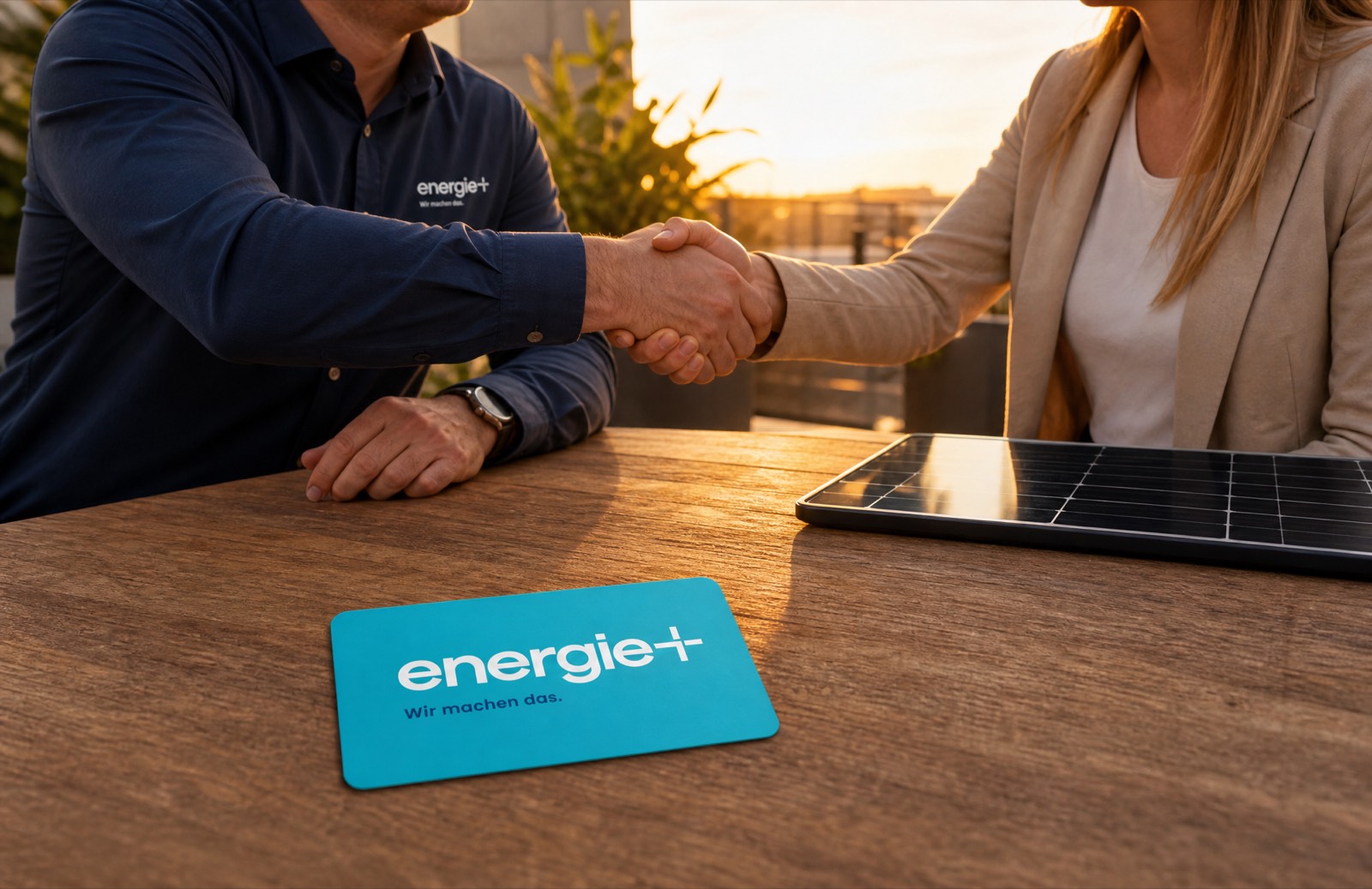 Handschlag zwischen einem Vertriebler im energie+ Poloshirt und einer Kundin, daneben ein Solarmodul und eine energie+ Karte mit dem Claim Wir machen das.