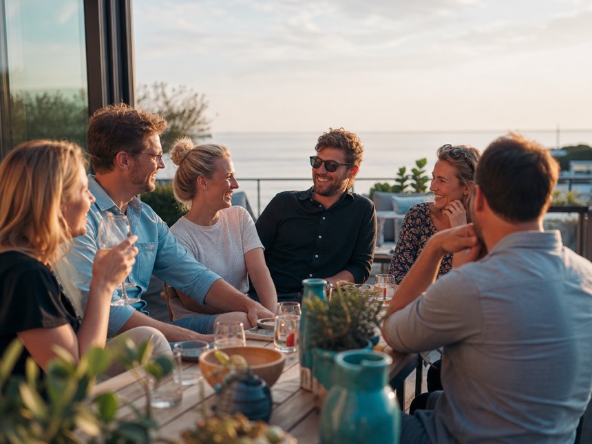 Gruppe von Kolleginnen und Kollegen sitzt abends lachend auf einer Terrasse am Meer zusammen