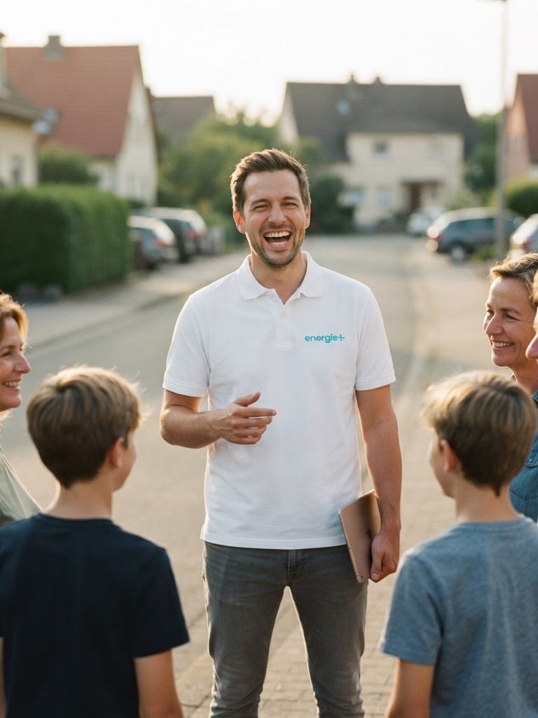 Lachender Vertriebsmitarbeiter im energie+ Poloshirt steht mit einem Tablet in einer Wohnstraße und unterhält sich mit einer Familie